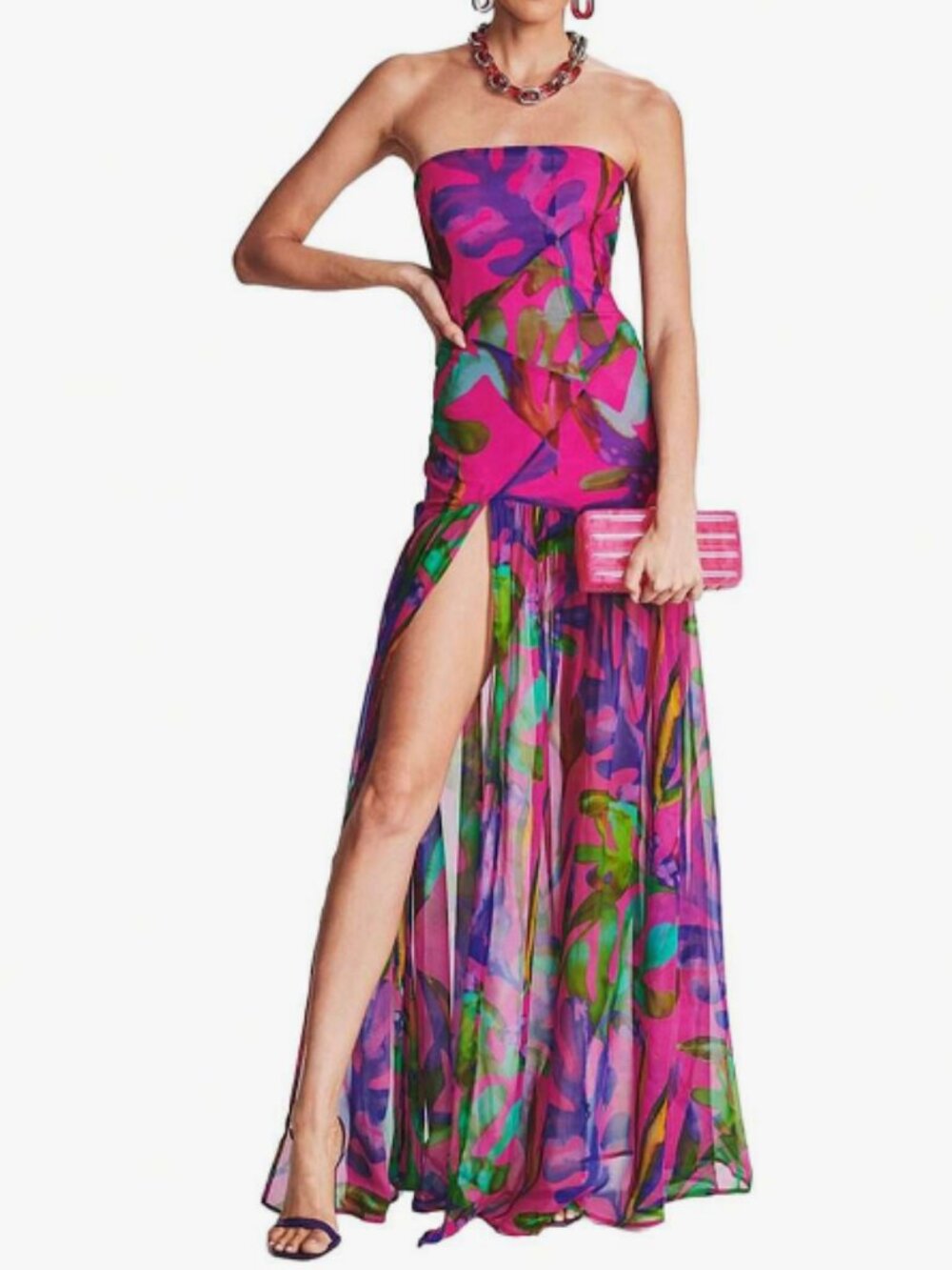 Women’s Small Strapless Maxi Dress Pink Floral Mesh High Slit Backless Party